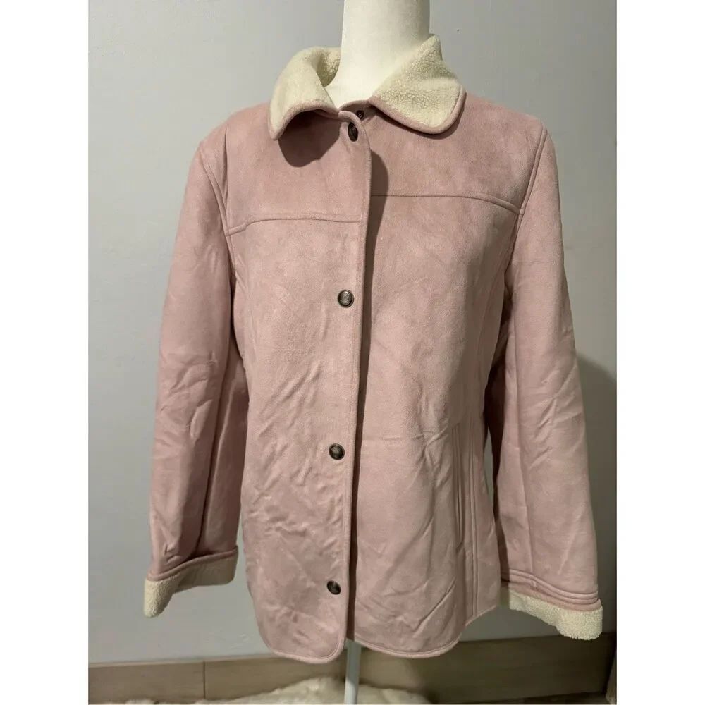 Talbots pink Faux suede vintage Sherpa lined snap button front jacket L